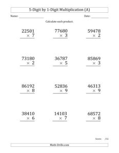 Multiplying 5Digit by 1Digit Numbers (Large Print) (A)