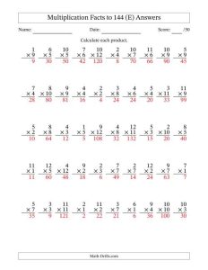 Multiplication Facts to 144 (50 Questions) (No Zeros) (E)
