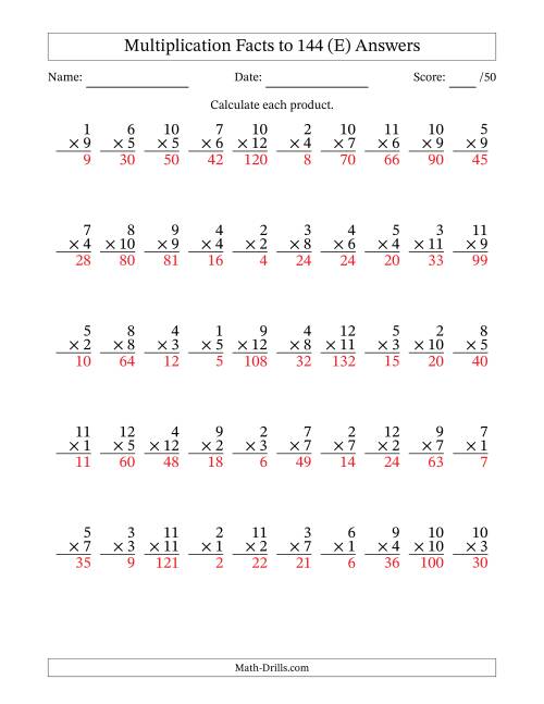 Multiplication Facts to 144 (50 Questions) (No Zeros) (E)