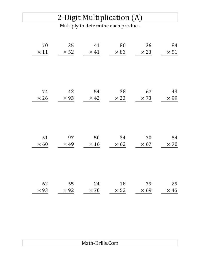 Multiplication By 2 Digit Numbers Worksheet