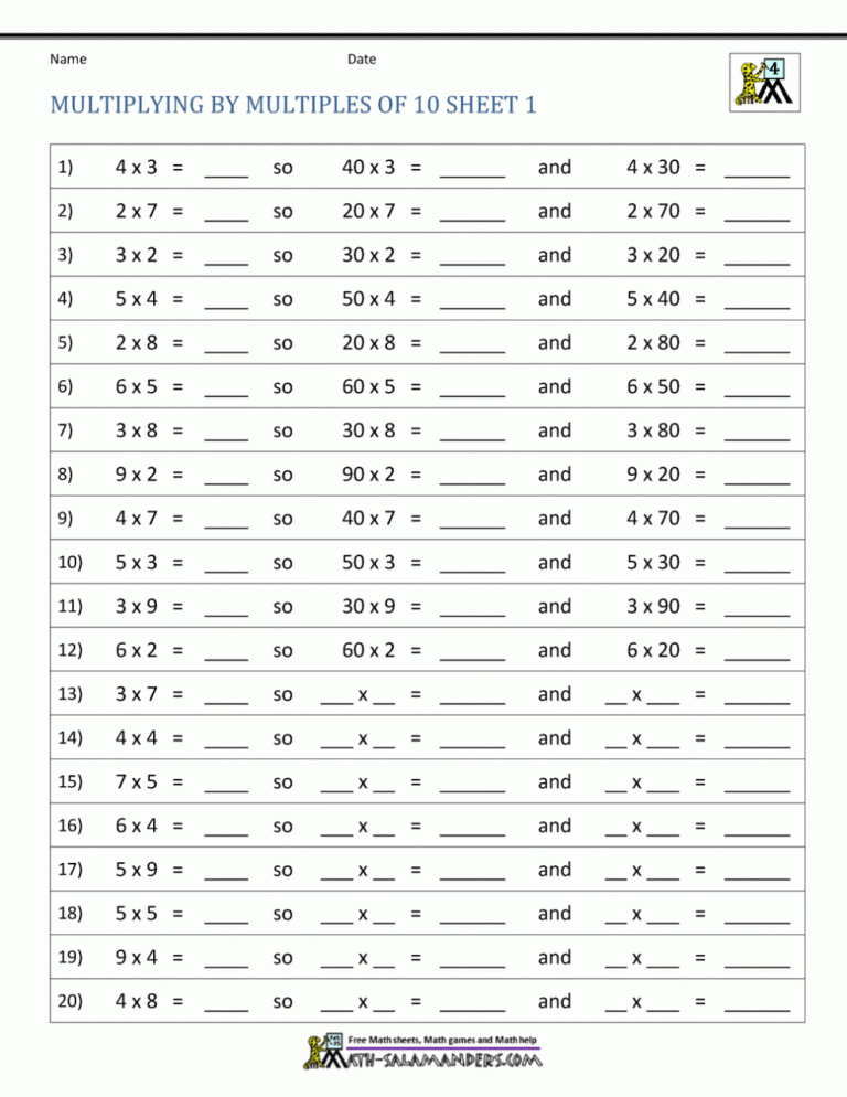 Multiply Multiples Of 10 Worksheet