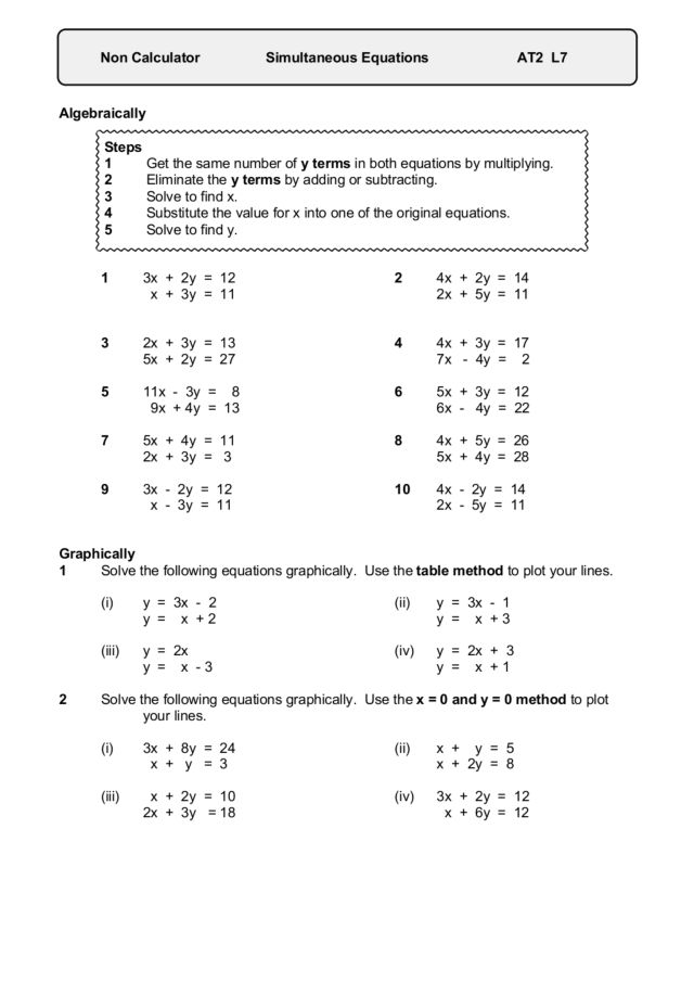 Gcse Non Linear Simultaneous Equations Worksheet