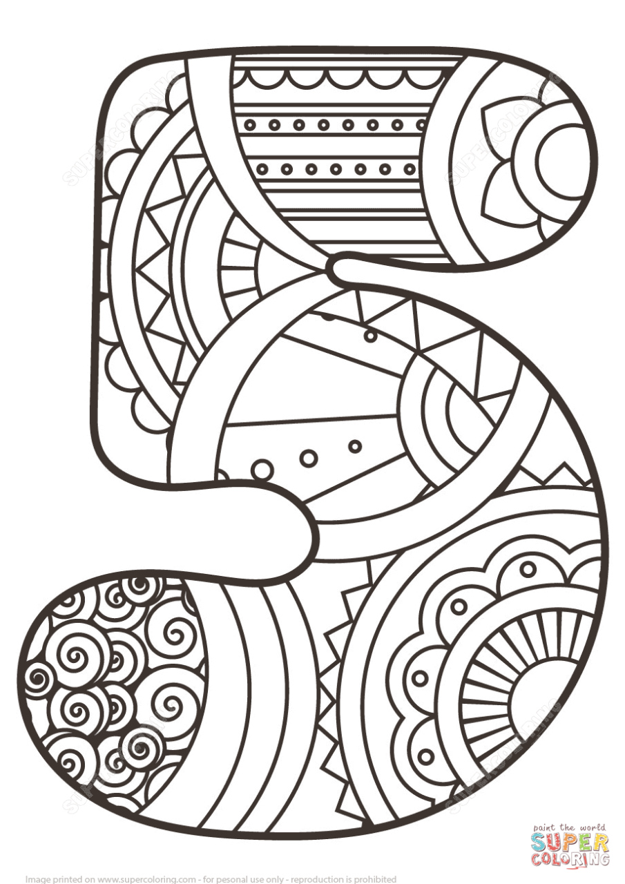 Number 5 Zentangle coloring page Free Printable Coloring Pages