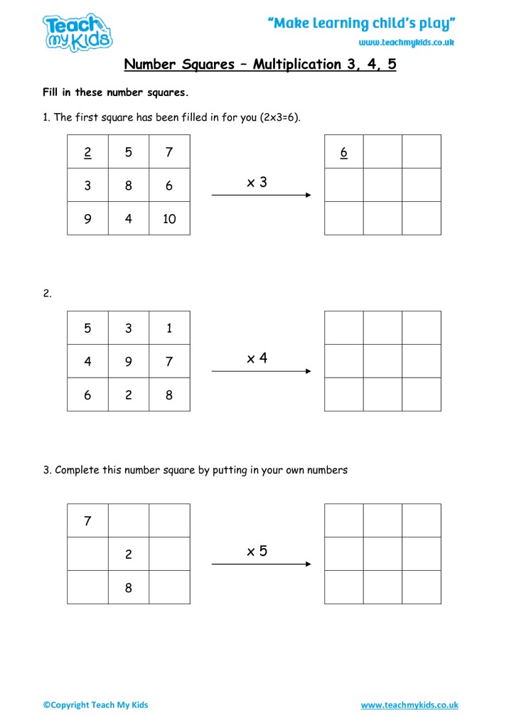 Number Squares Multiplication 3, 4, 5 TMK Education