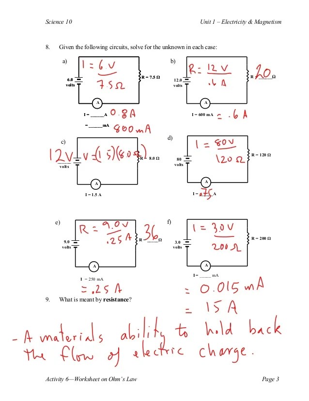 Ohm's Law And Power Equation Practice Worksheet