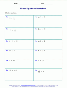 Free worksheets for linear equations (grades 69, prealgebra, algebra 1)