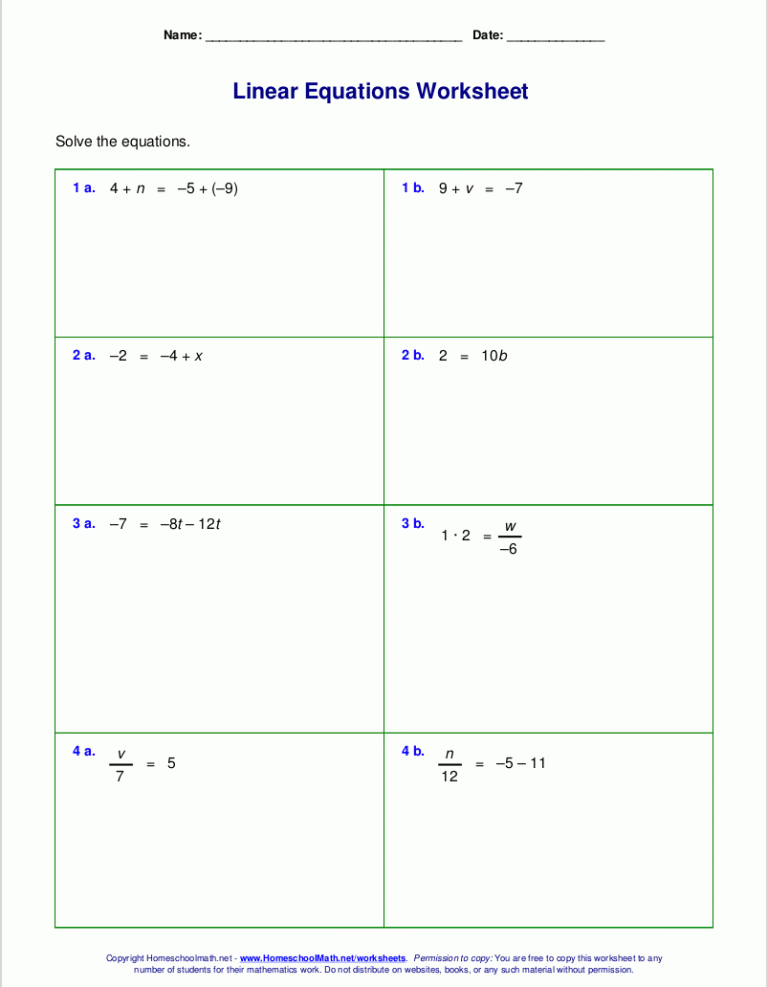 Linear Equation Worksheet Answers