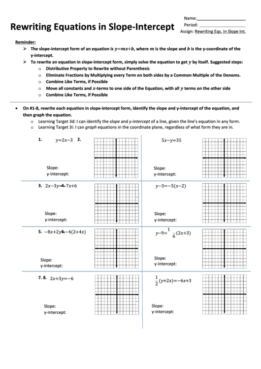 Rewriting Equations In Slope Intercept printable pdf download