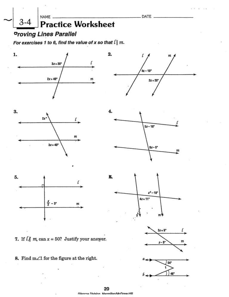 Worksheet On Parallel Lines And Transversals Geometry Answer Key Pdf
