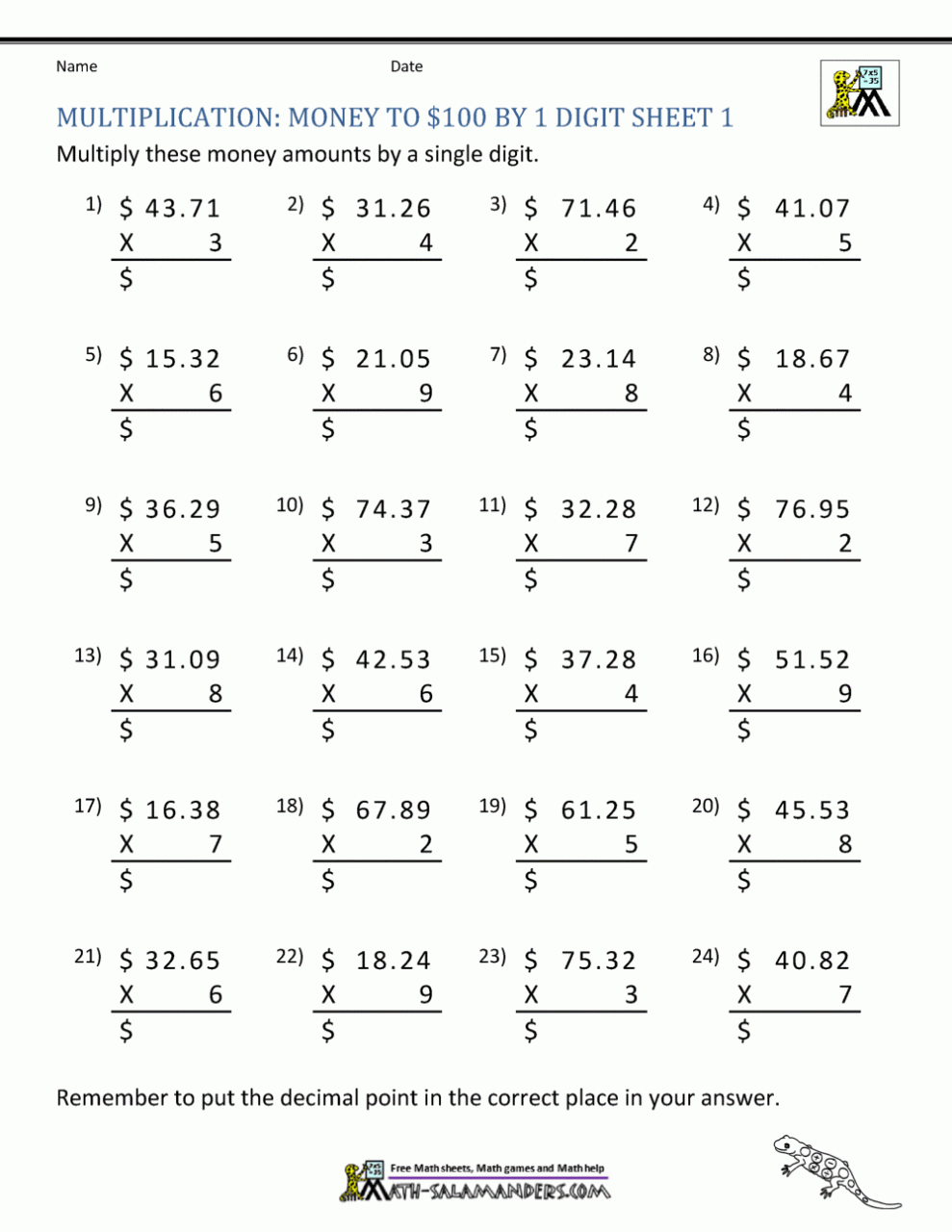 printable math sheets multiplication 4 digits money by 1 digit 1