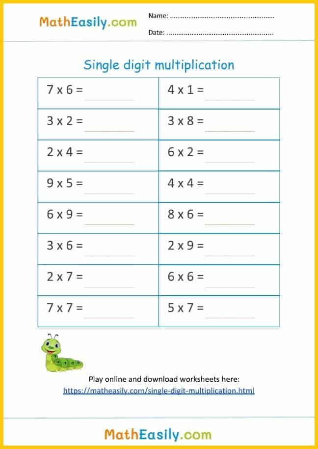 Math Single Digit Multiplication Worksheets