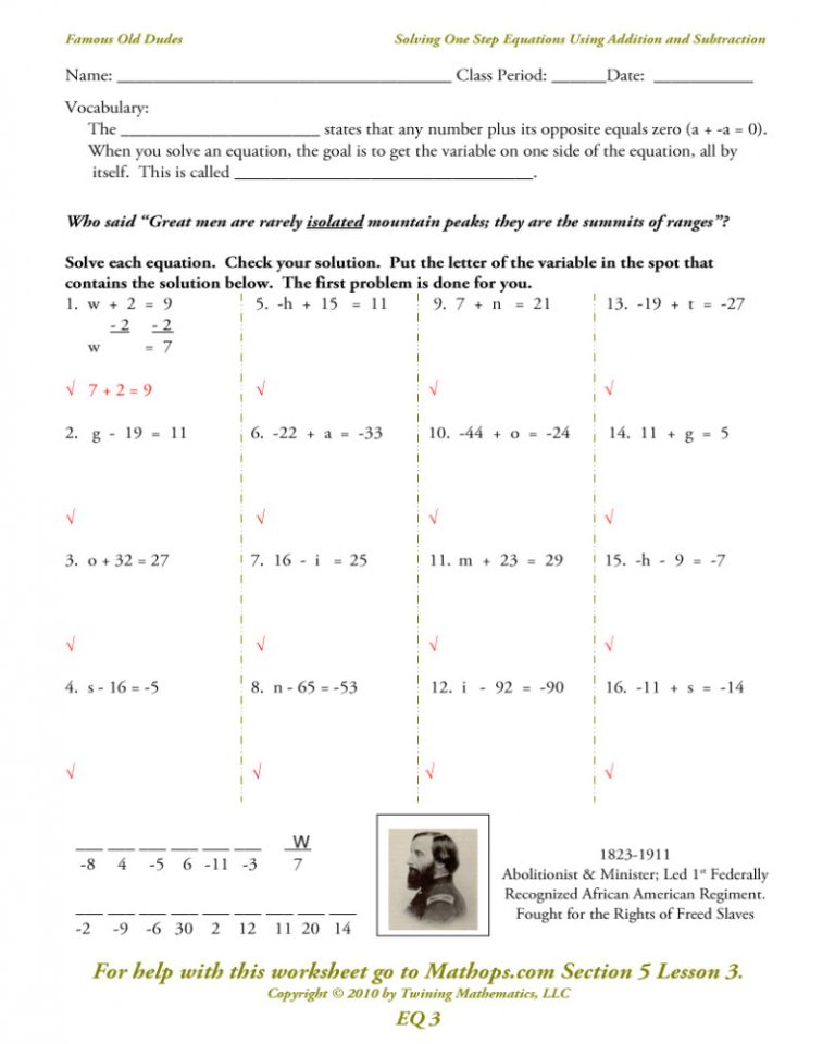 Solving Equations Using The Addition Principle Worksheet
