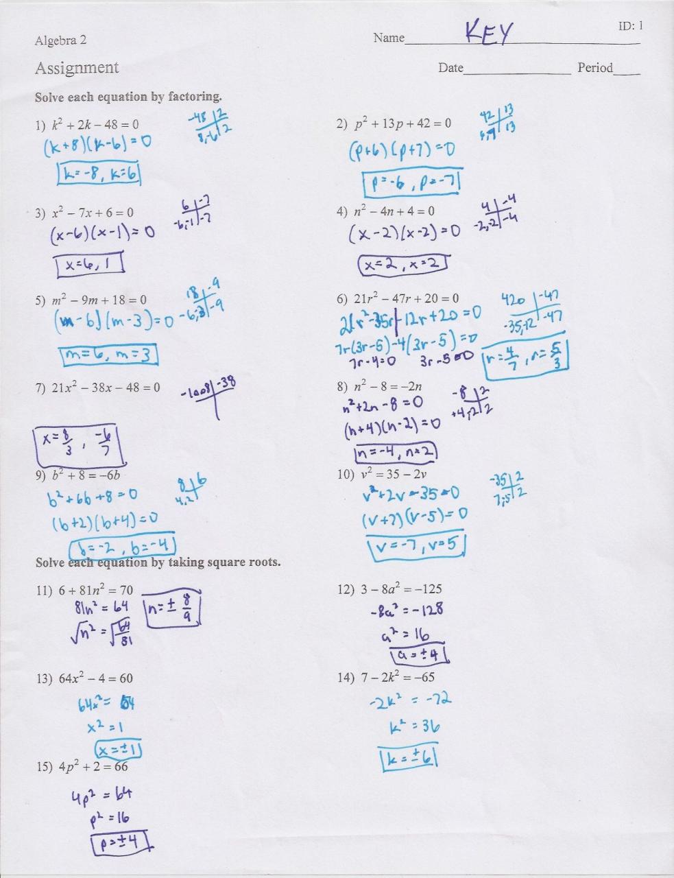 Quadratic Equation Worksheet Answers