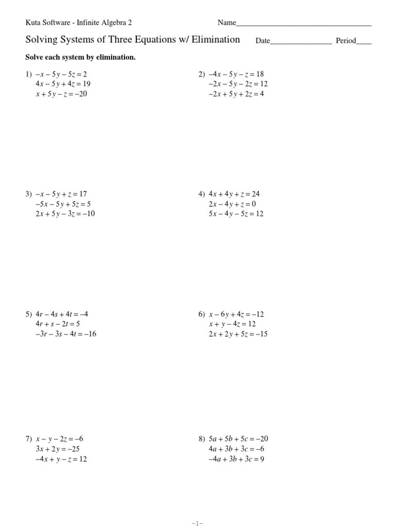 Systems Of Equations Equal Values Method Worksheet