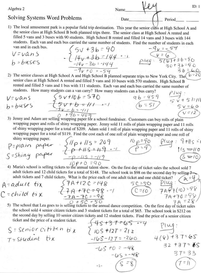 System Of Equation Worksheet With Answers