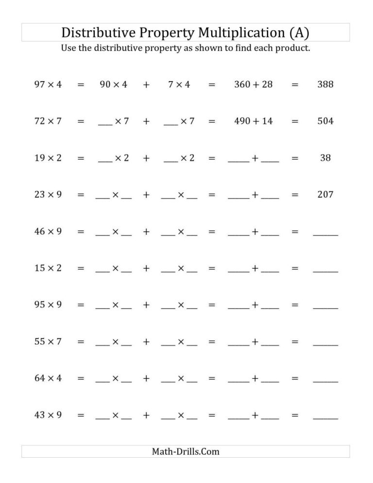 Distributive Multiplication Worksheets