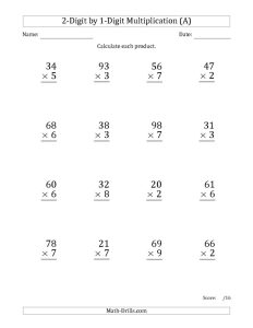 2 X 1 Multiplication Worksheets