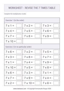 Worksheet to print Revise the 7 times Table Memozor