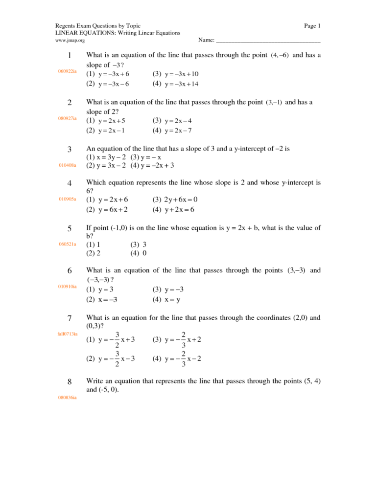 Writing Equations Worksheet