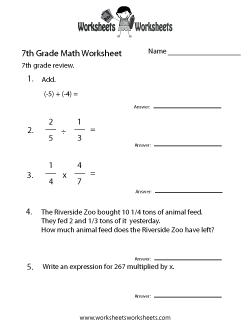 Free Printable 7th Grade Math Worksheets With Answer Key