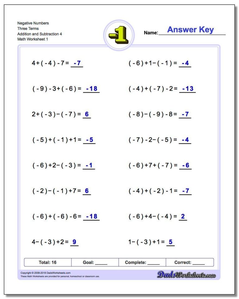 8th Grade Negative Integers Worksheet