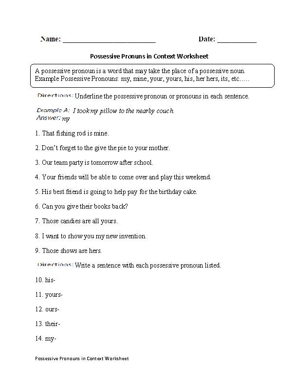 6th Grade Possessive Pronouns Worksheet