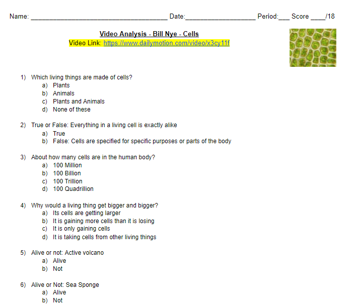 Video Analysis Bill Nye Cells (MSLS1) Google Form AND Doc Made