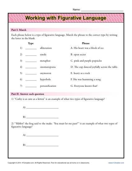 Fourth Grade Figurative Language Worksheets With Answers Pdf