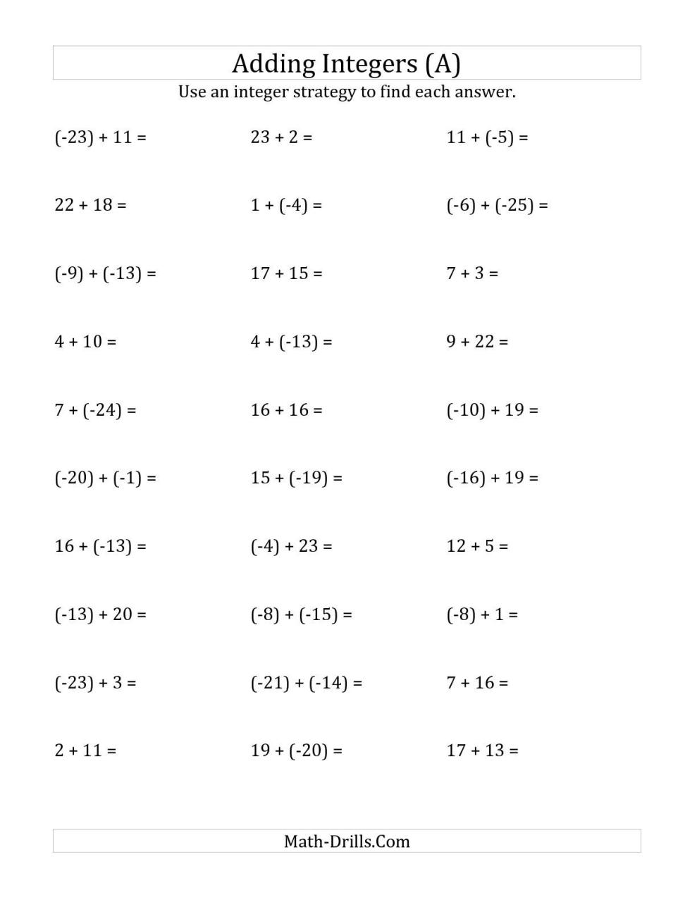 8th Grade Subtraction Of Integers Worksheet
