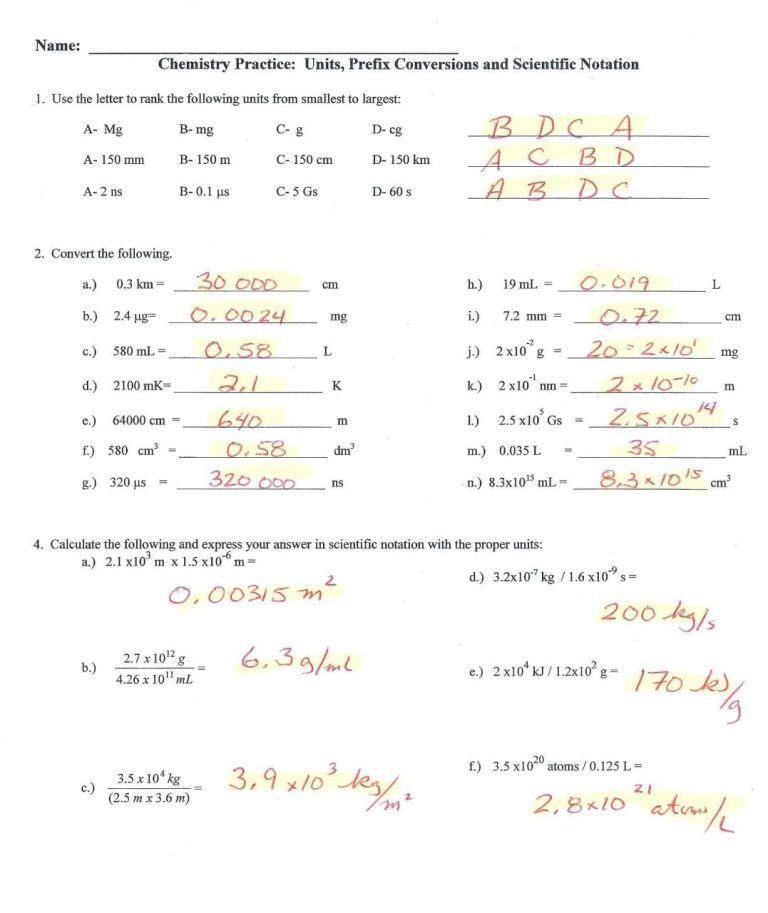 Chemistry Dimensional Analysis Worksheet 2 Answers