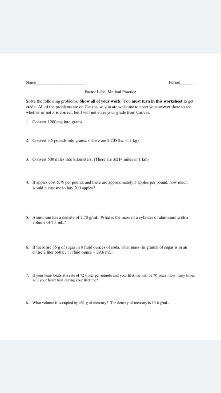 Chemistry Dimensional Analysis Worksheet #1 Answer Key