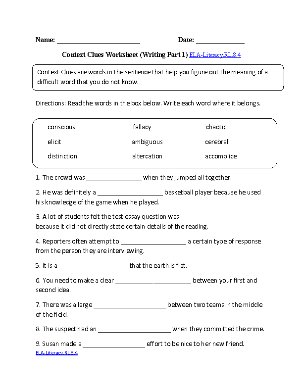 8th Grade Context Clues Worksheets With Answers