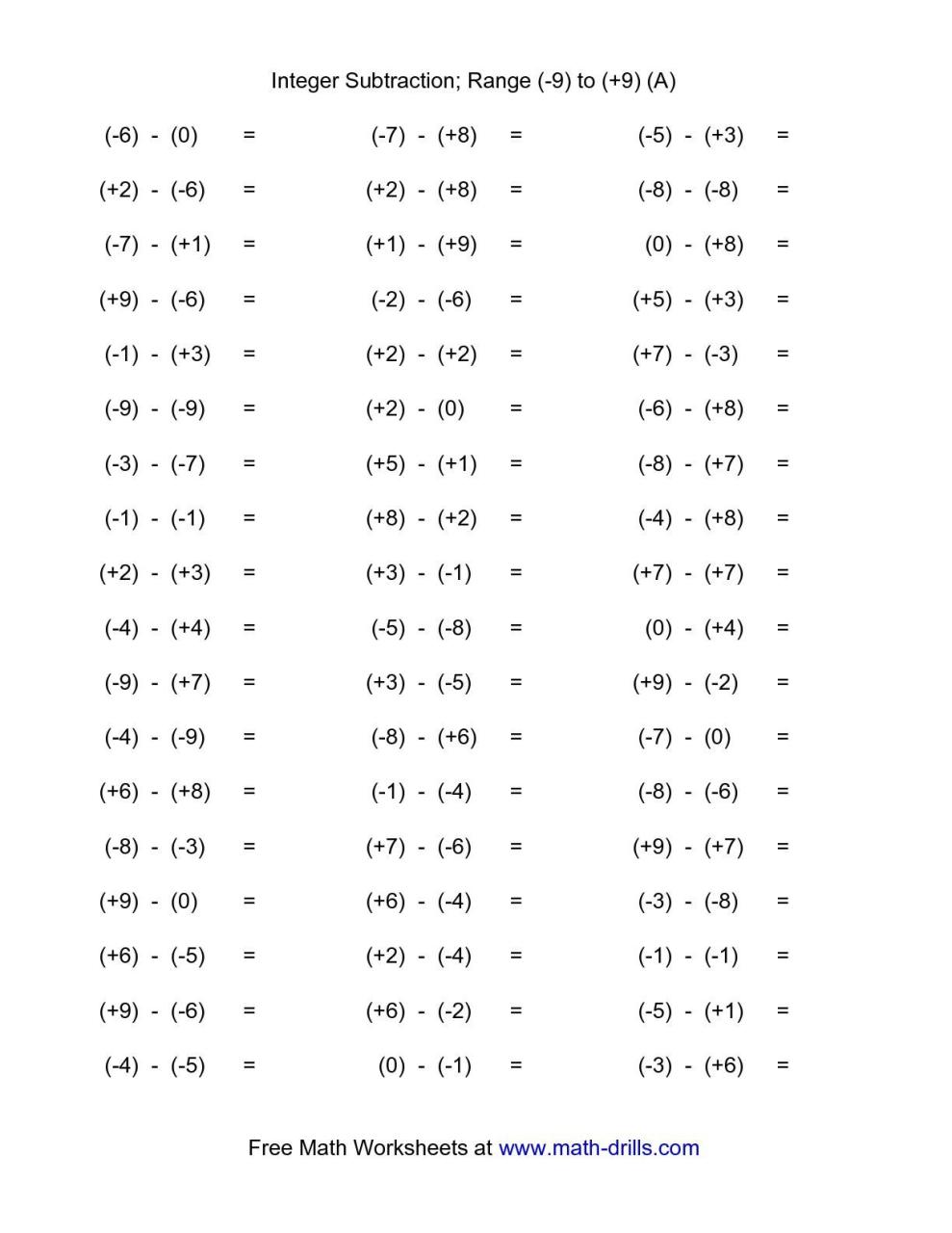 Printable Grade 7 Subtracting Integers Worksheet