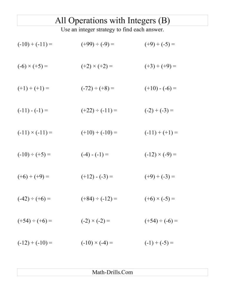 Integers Worksheets With Answers For Grade 6 Pdf