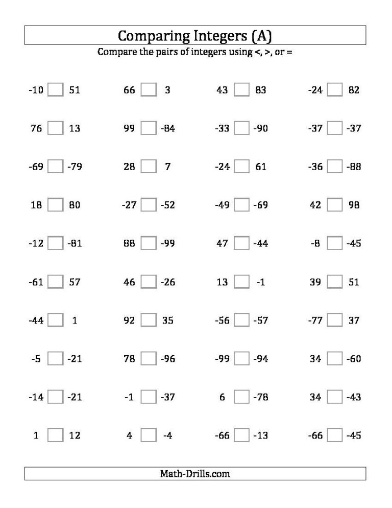 Comparing And Ordering Integers Worksheet Pdf
