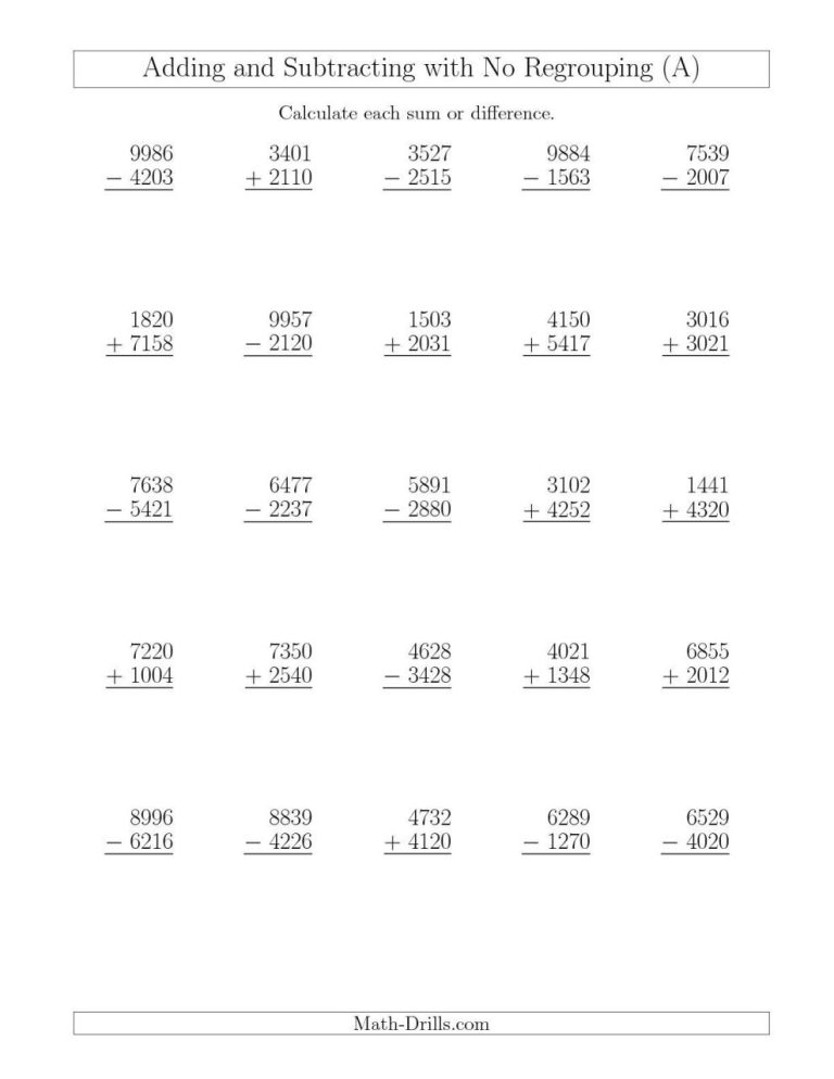 Mixed Addition And Subtraction Worksheets With Regrouping