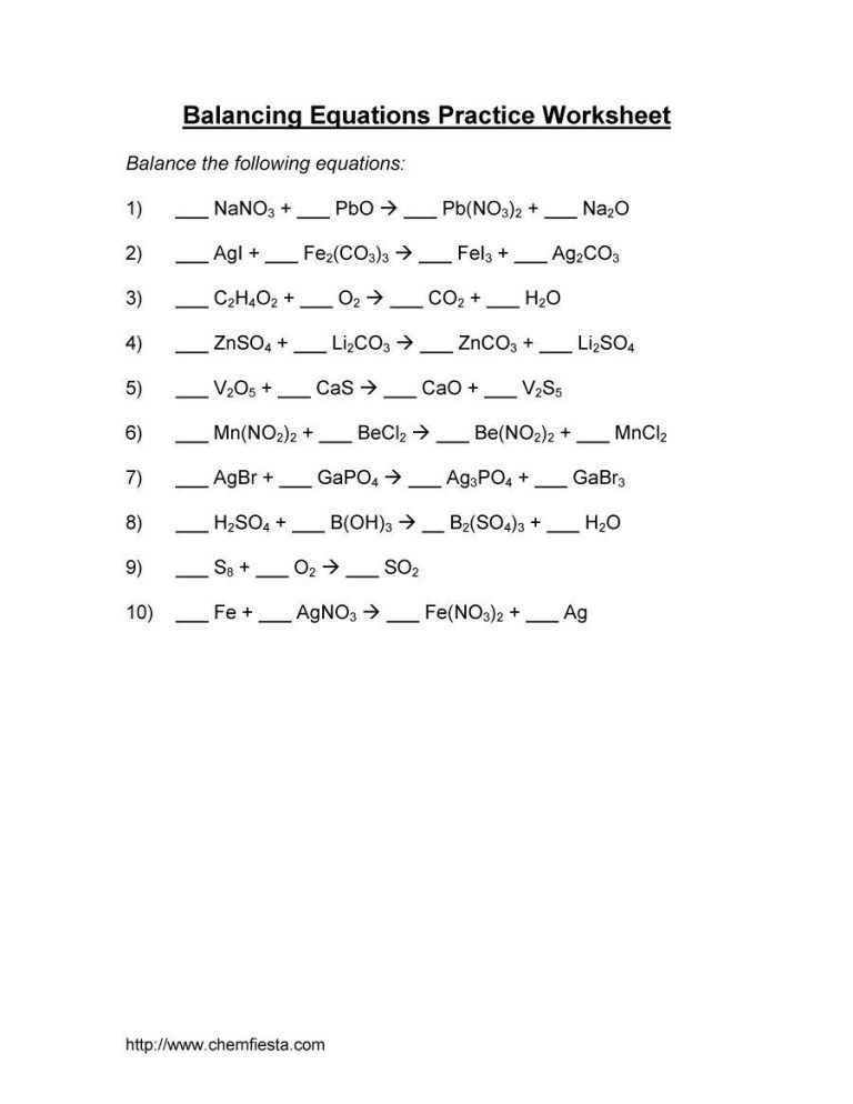 Answer Key Writing And Balancing Chemical Equations Worksheet Answers