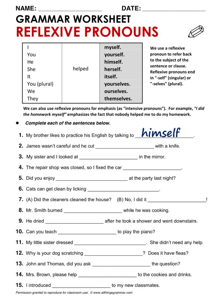 Reflexive Pronouns Worksheet With Answers Pdf