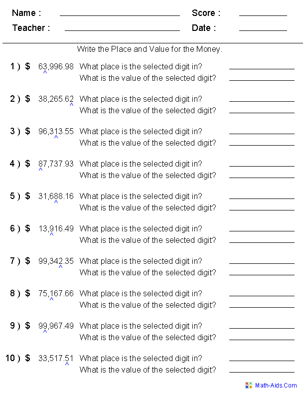 Grade 4 4th Grade Decimal Place Value Worksheets
