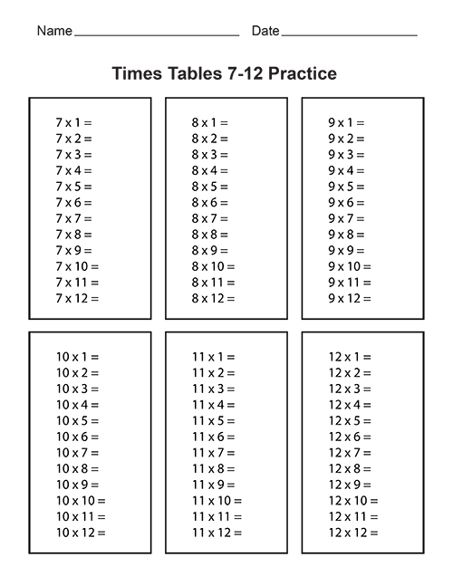 Free Printable Times Tables Worksheets 1-12