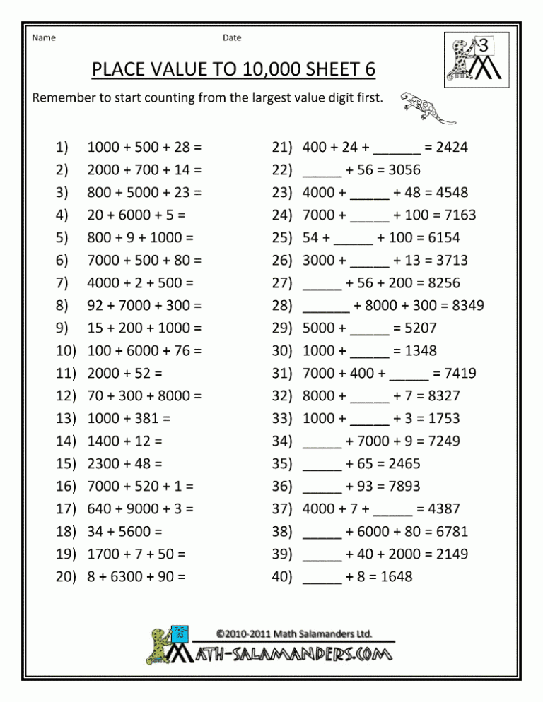 4th Grade Printable Place Value Worksheets Grade 4