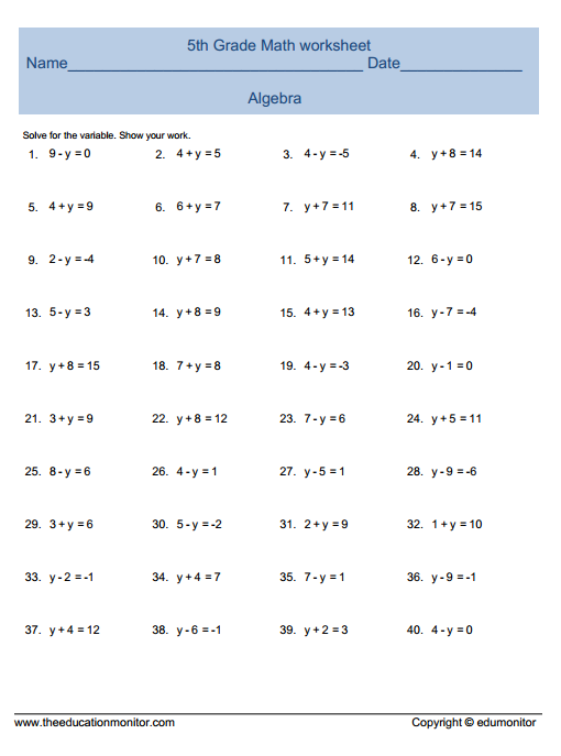 5th Grade Basic Algebra Worksheets Pdf