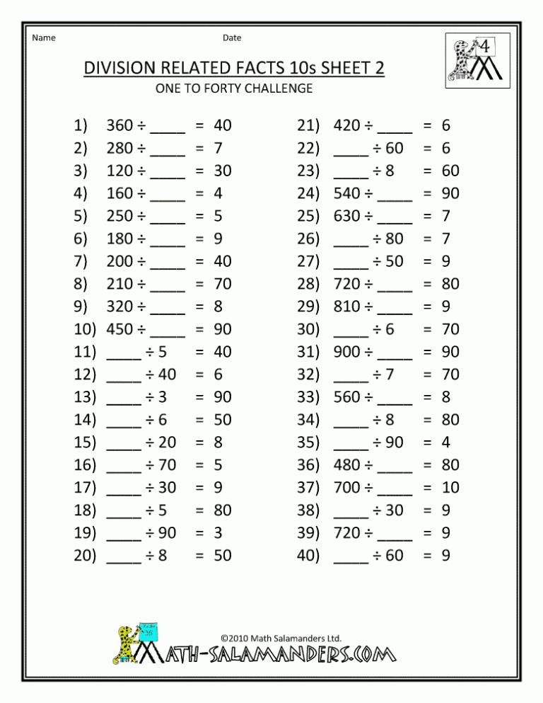 Printable 4th Grade Division Worksheets Grade 4