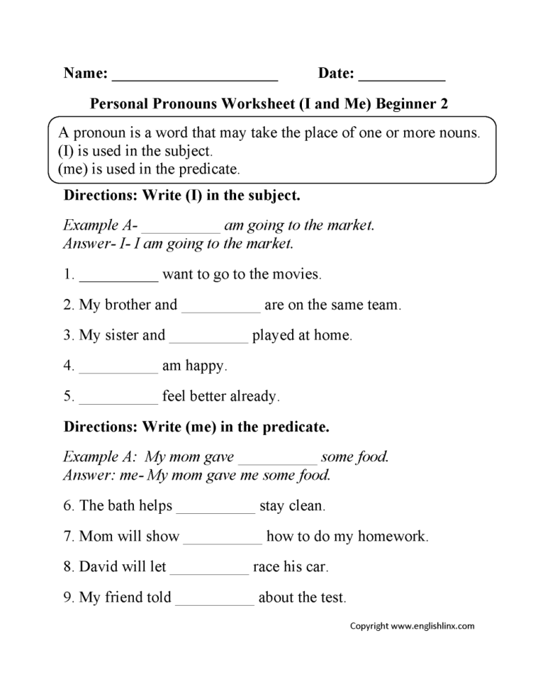 Personal Pronouns Worksheet Pdf Grade 1