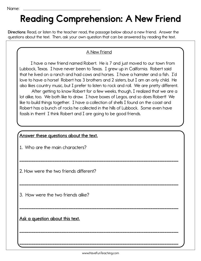 A New Friend Reading Comprehension Worksheet • Have Fun Teaching