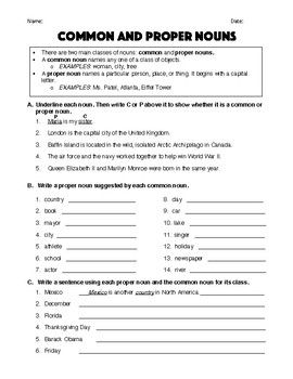 Proper And Common Nouns Worksheet For Grade 2 With Answers
