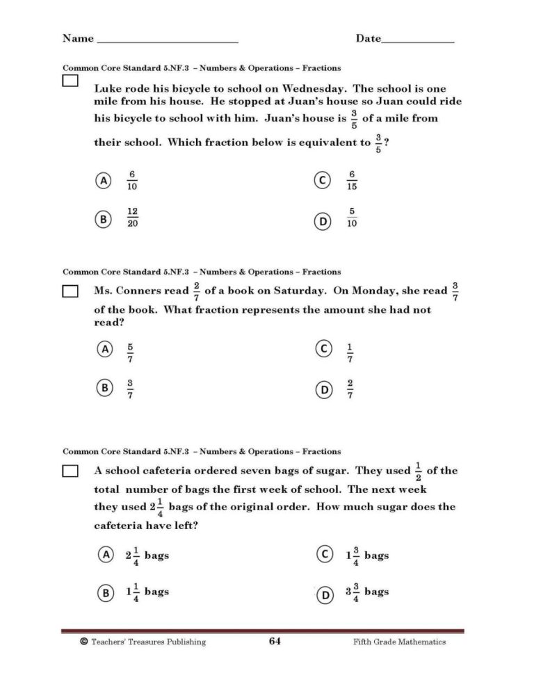 5th Grade Common Core Math Worksheets Pdf