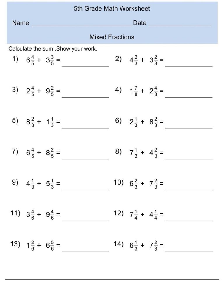 Grade 5 Math Worksheets Fractions Printable