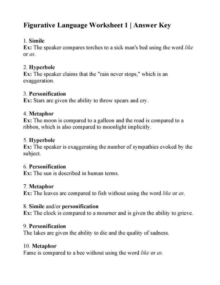Figurative Language Worksheets With Answers Pdf 8th Grade