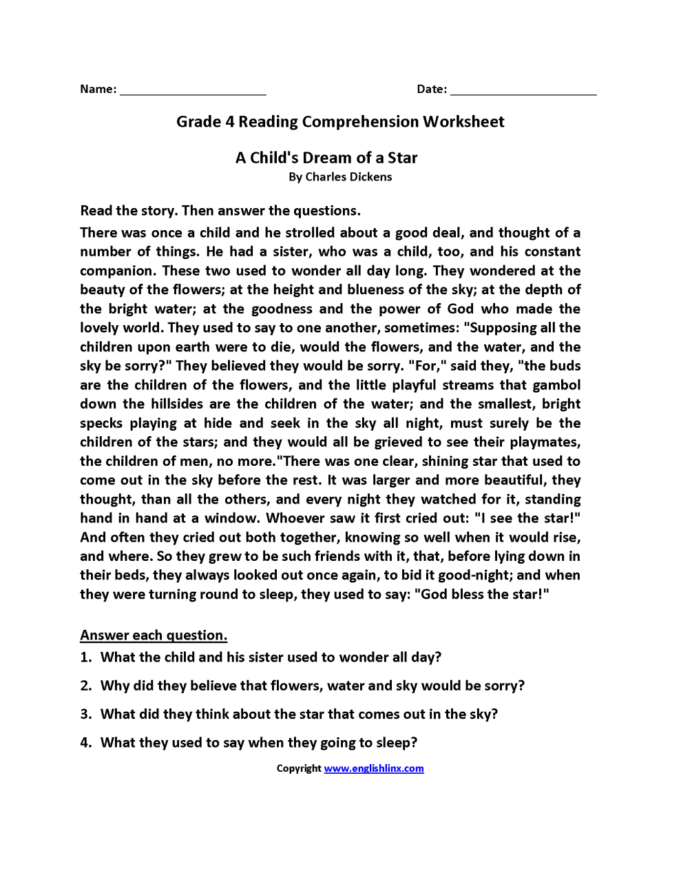 4th Grade English Comprehension Worksheets For Grade 4